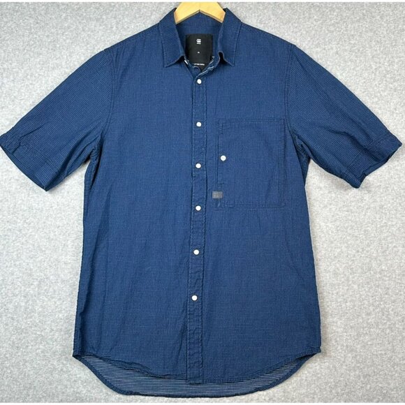 G-Star Raw Shirt Mens M Blue Polka Dot Chambray Short Sleeve‎ Pearl Snap Pockets - Picture 1 of 12